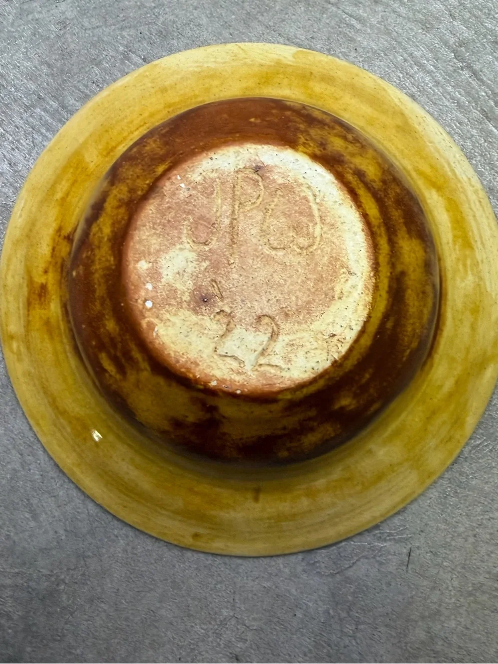 Signed Studio Pottery Bowl Honey Gold Amber Layered Glaze Carved Leaf Design